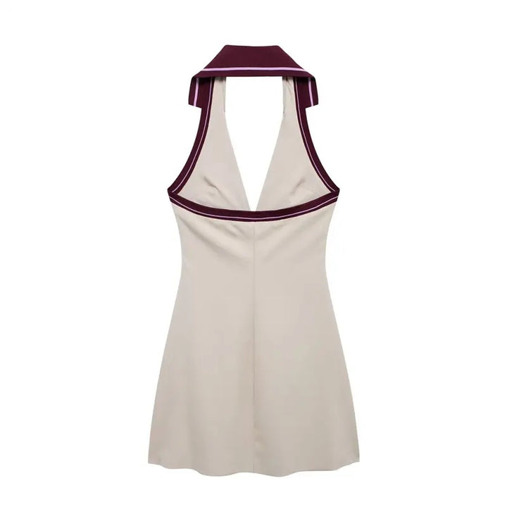Roma Beige Backless Splicing Striped Ribbed Halter Neck Mini Dress