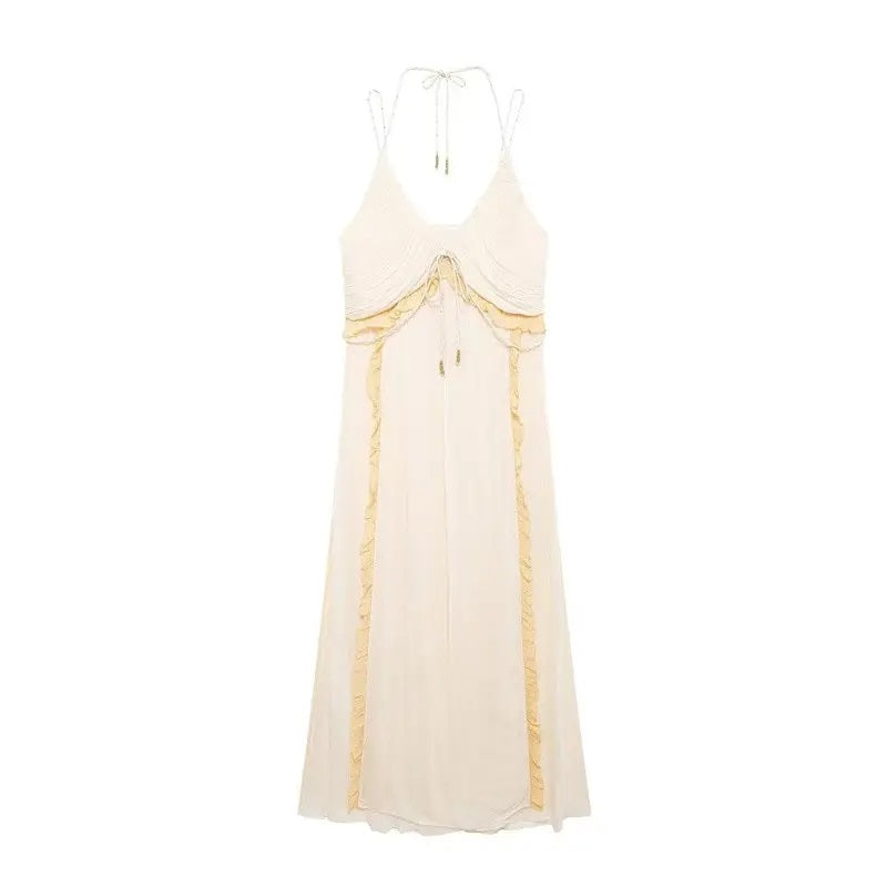 Zeya Beige Halter Sling Contrast Back Hollow Out Midi Dress