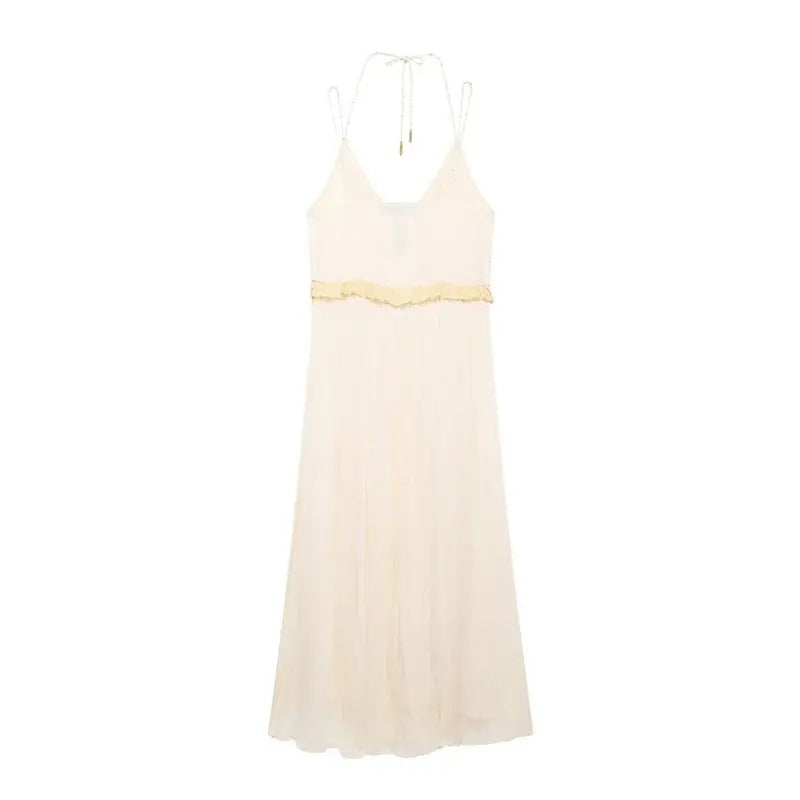 Zeya Beige Halter Sling Contrast Back Hollow Out Midi Dress