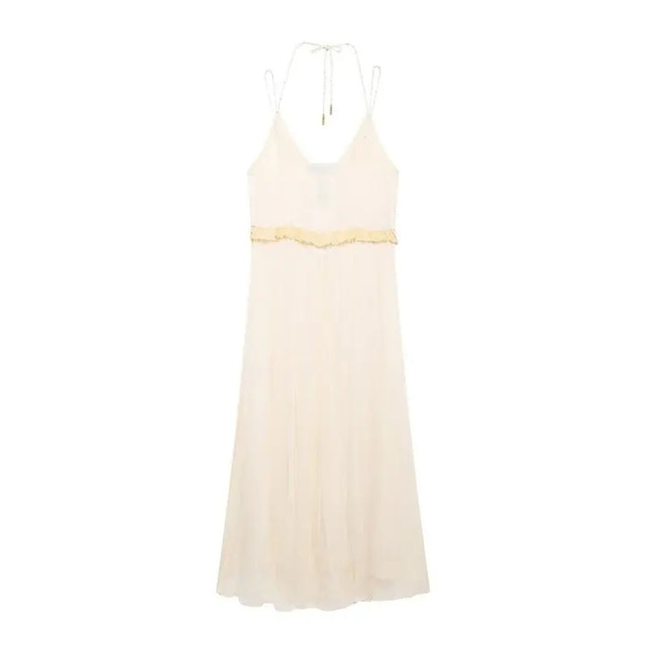 Zeya Beige Halter Sling Contrast Back Hollow Out Midi Dress