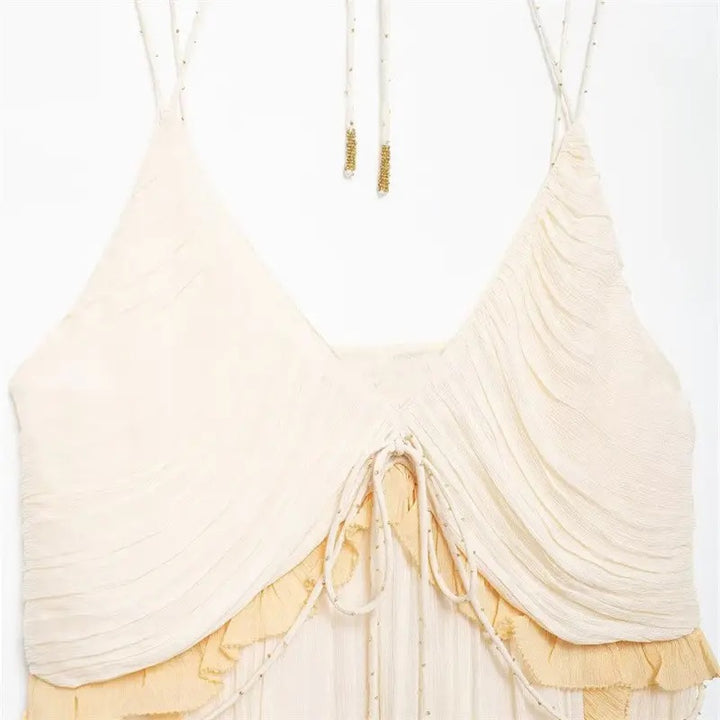 Zeya Beige Halter Sling Contrast Back Hollow Out Midi Dress