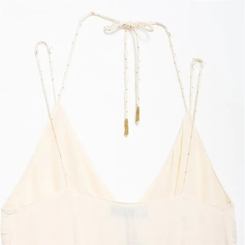 Zeya Beige Halter Sling Contrast Back Hollow Out Midi Dress