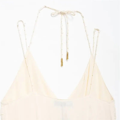 Zeya Beige Halter Sling Contrast Back Hollow Out Midi Dress