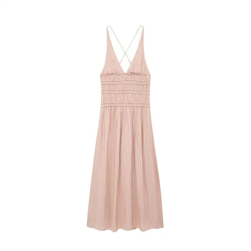 Verona Tea Rose V-Neck Back Hollow Out Elastic Waist Midi Dress