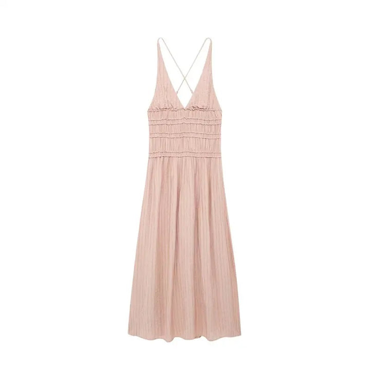Verona Tea Rose V-Neck Back Hollow Out Elastic Waist Midi Dress