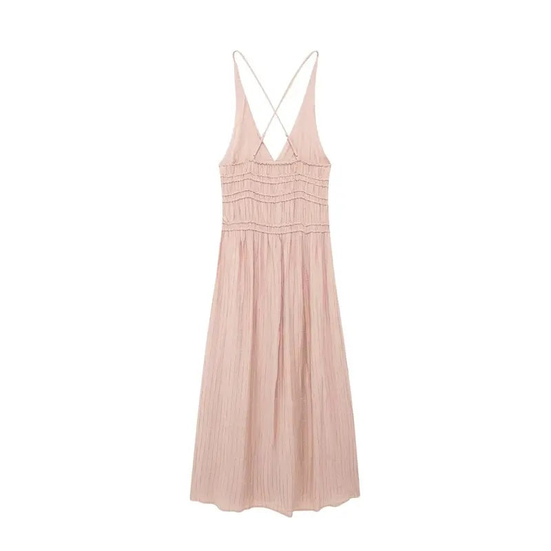 Verona Tea Rose V-Neck Back Hollow Out Elastic Waist Midi Dress