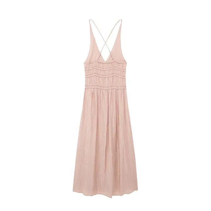 Verona Tea Rose V-Neck Back Hollow Out Elastic Waist Midi Dress