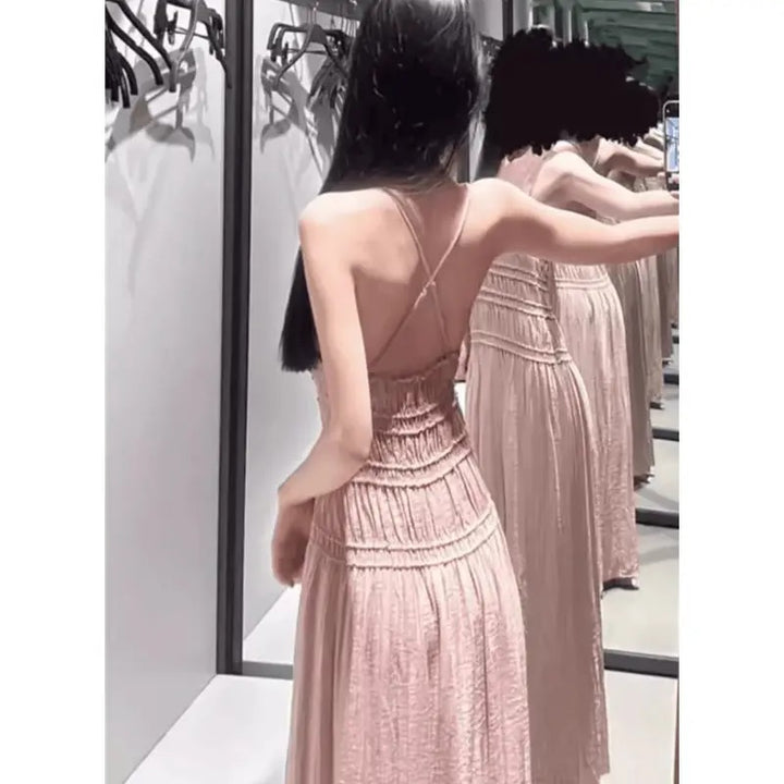 Verona Tea Rose V-Neck Back Hollow Out Elastic Waist Midi Dress