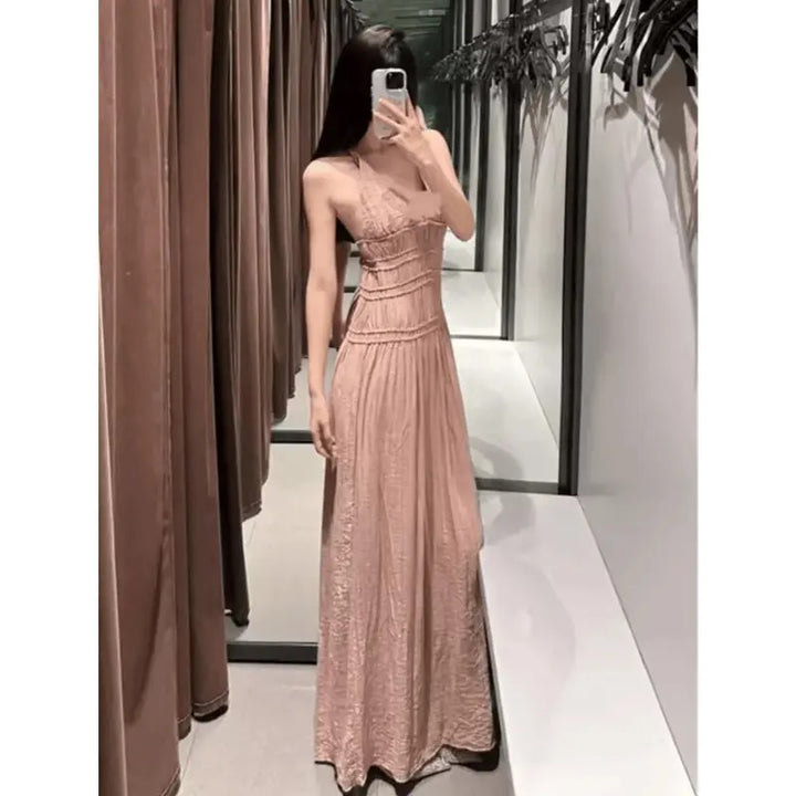 Verona Tea Rose V-Neck Back Hollow Out Elastic Waist Midi Dress