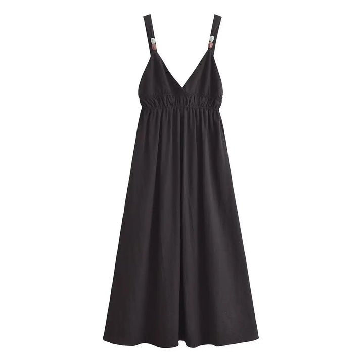 Fitzy Black V-neck Beaded Elastic Waist Midi Dress