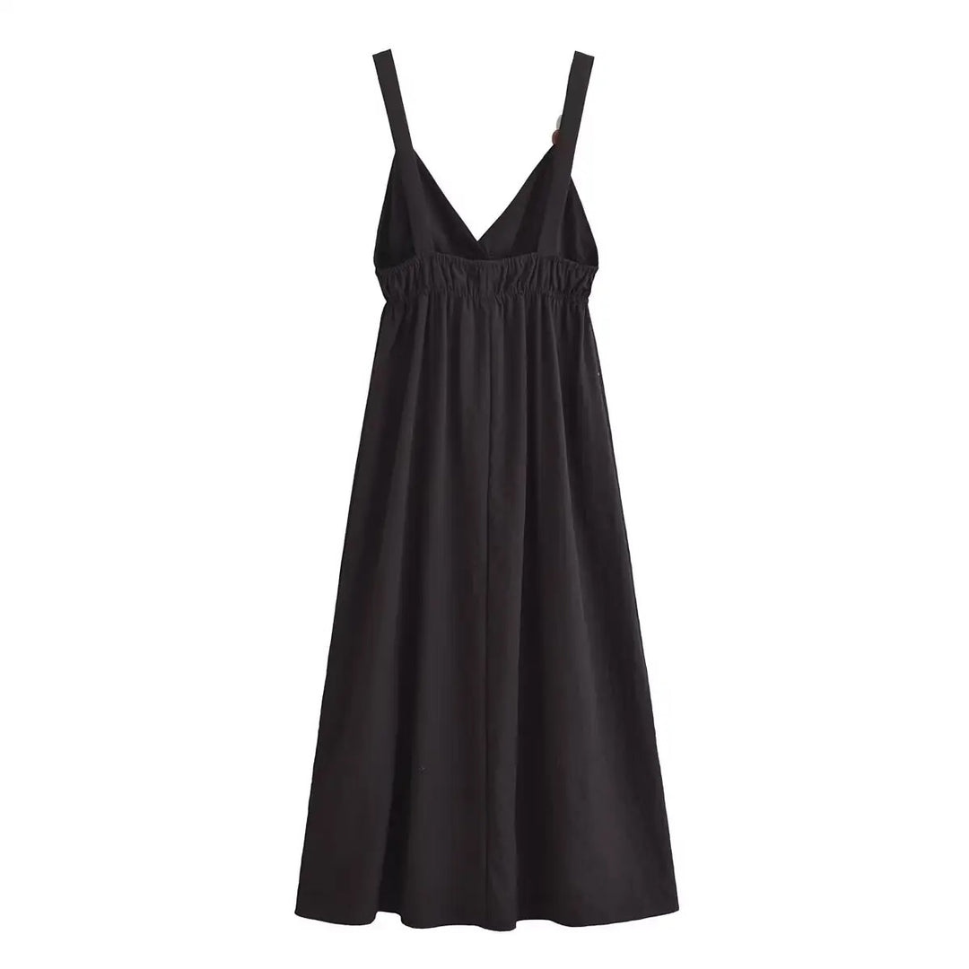 Fitzy Black V-neck Beaded Elastic Waist Midi Dress