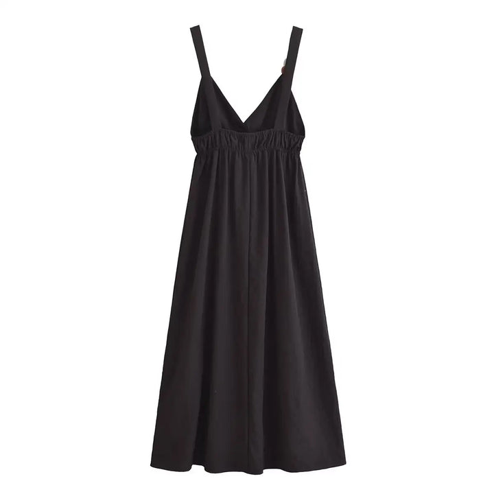 Fitzy Black V-neck Beaded Elastic Waist Midi Dress