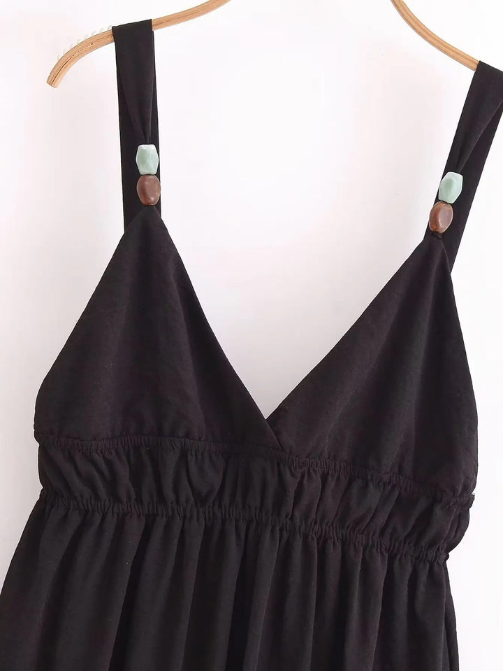 Fitzy Black V-neck Beaded Elastic Waist Midi Dress