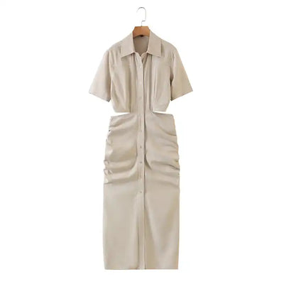 Lenard Beige Collared Buttondown Short Sleeves Hollow Out Waist Ruch Side Midi Dress