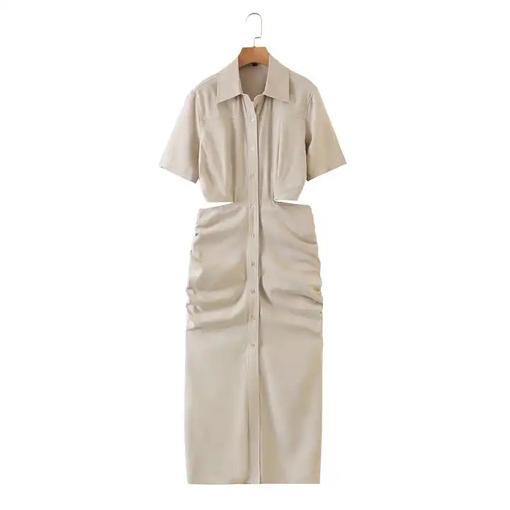 Lenard Beige Collared Buttondown Short Sleeves Hollow Out Waist Ruch Side Midi Dress