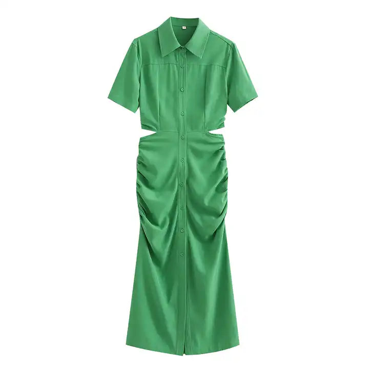 Lenard Green Collared Buttondown Short Sleeves Hollow Out Waist Ruch Side Midi Dress