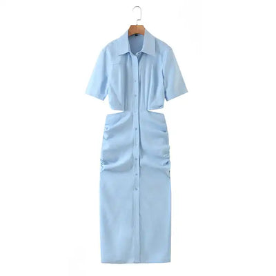 Lenard Blue Collared Buttondown Short Sleeves Hollow Out Waist Ruch Side Midi Dress