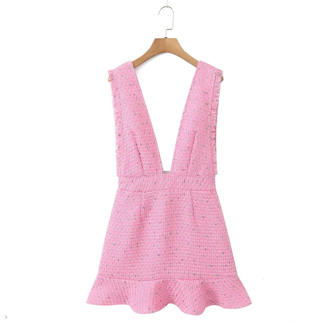 Shiela Pink Tweed V Neck With Zipper Fly Mini Dress