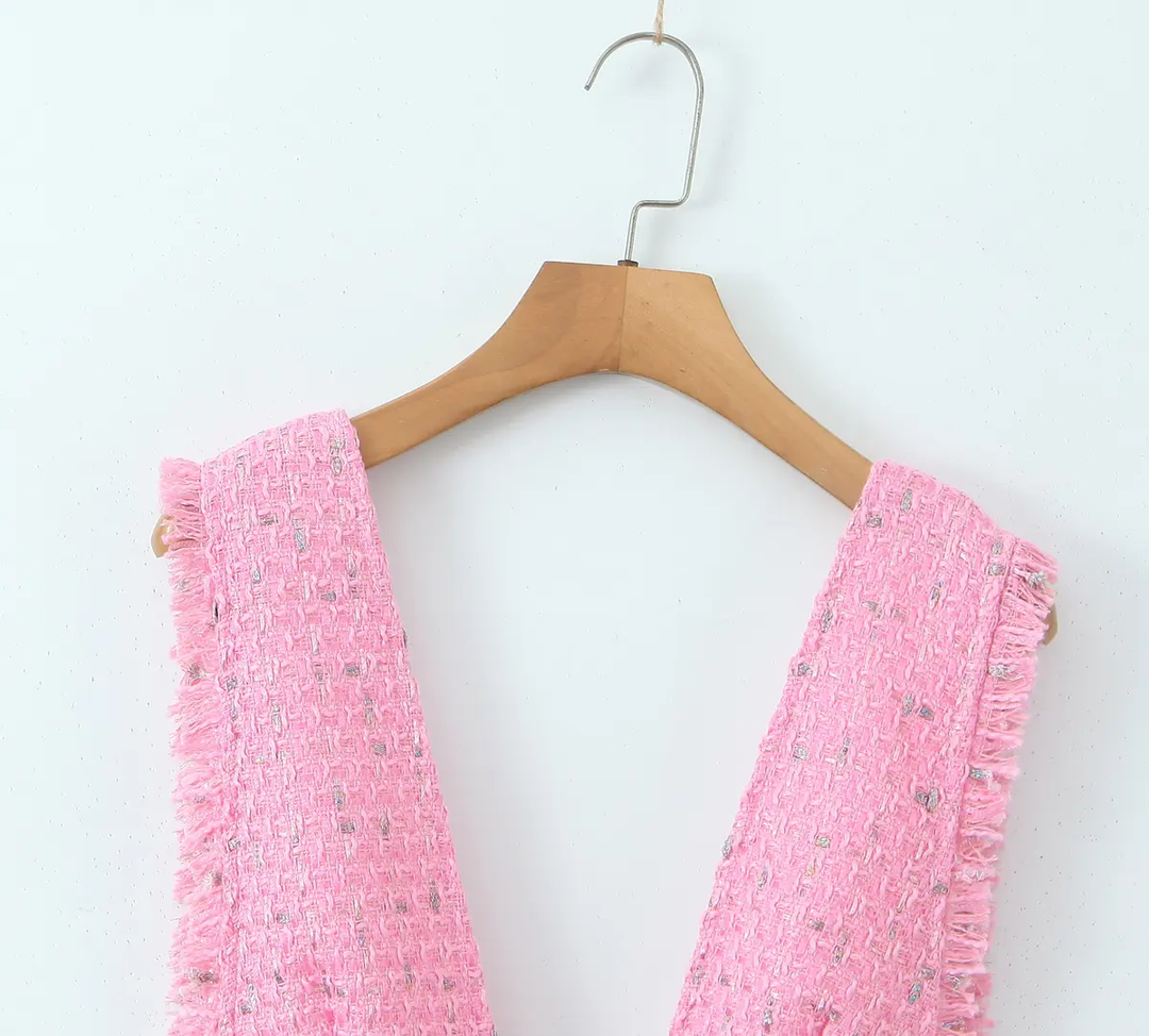 Shiela Pink Tweed V Neck With Zipper Fly Mini Dress