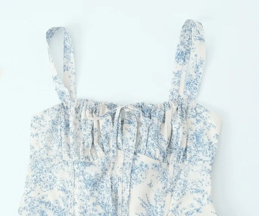 Slovenia Arctic Blue Floral Print Ruched Bust Midi Dress