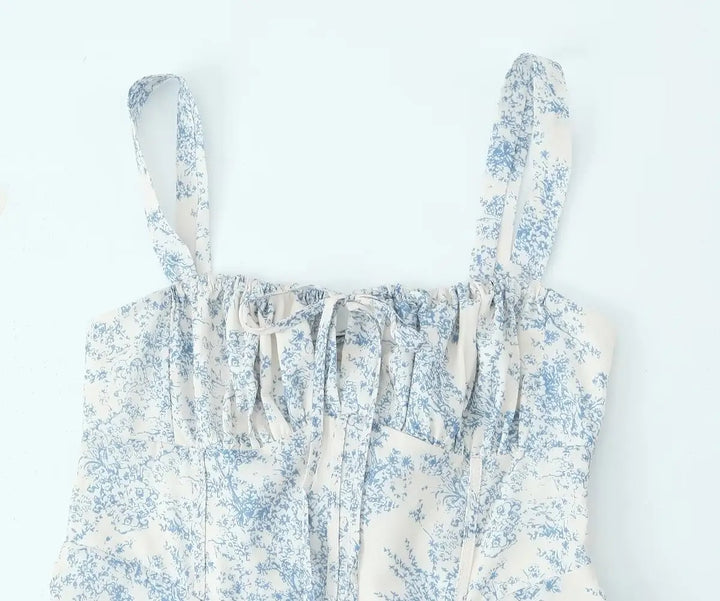 Slovenia Arctic Blue Floral Print Ruched Bust Midi Dress