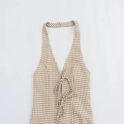 Mayzie Khaki Plaid Halter Mini Dress