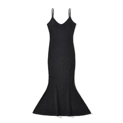 Leica Black Knitted Eyelet V Neck Sleeveless Mermaid Midi Dress