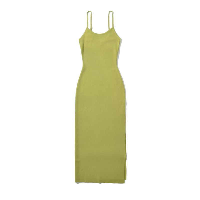 Oretha Pastel Green Thin Strap Knit Long Dress