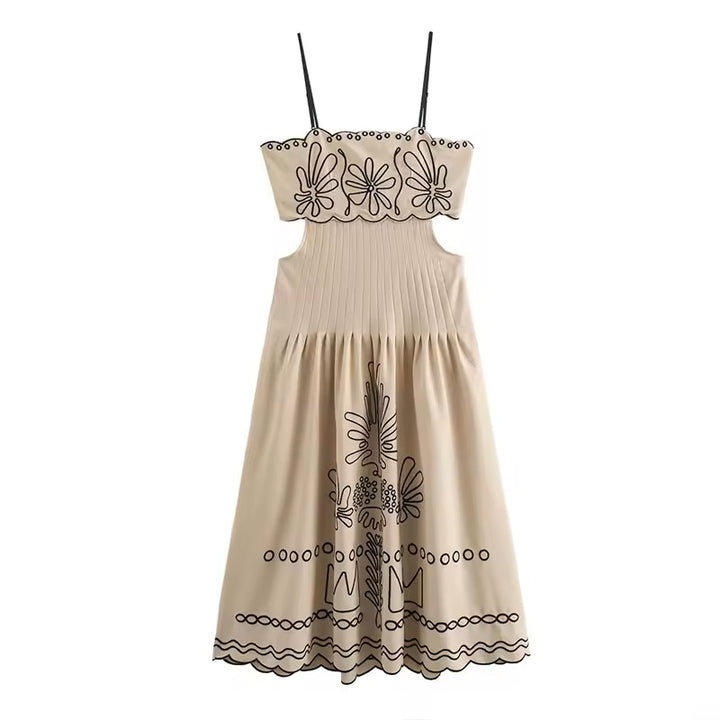 Texas Beige Floral Embroidery Ruffle Boho Midi Dress
