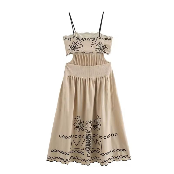 Texas Beige Floral Embroidery Ruffle Boho Midi Dress