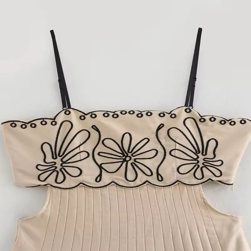 Texas Beige Floral Embroidery Ruffle Boho Midi Dress