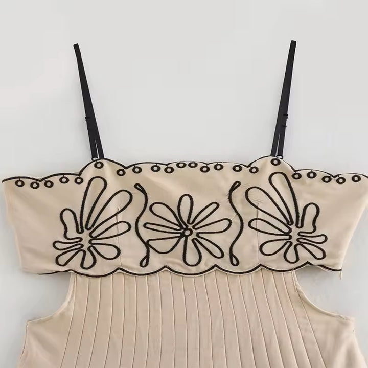 Texas Beige Floral Embroidery Ruffle Boho Midi Dress