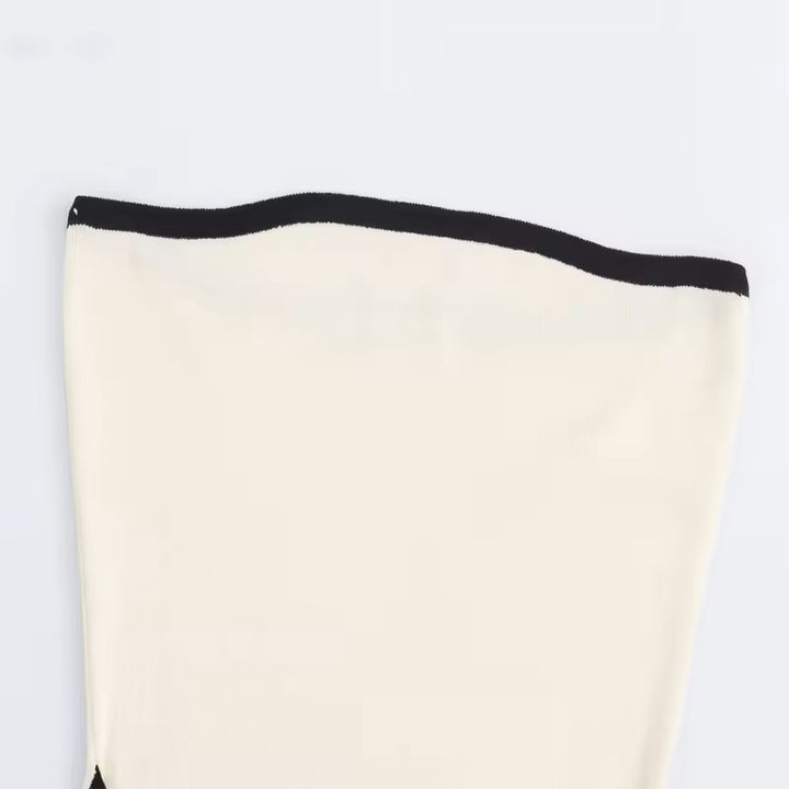 Milano Beige Knitted Contrast Color Stitching Wrap Tube Mini Dress