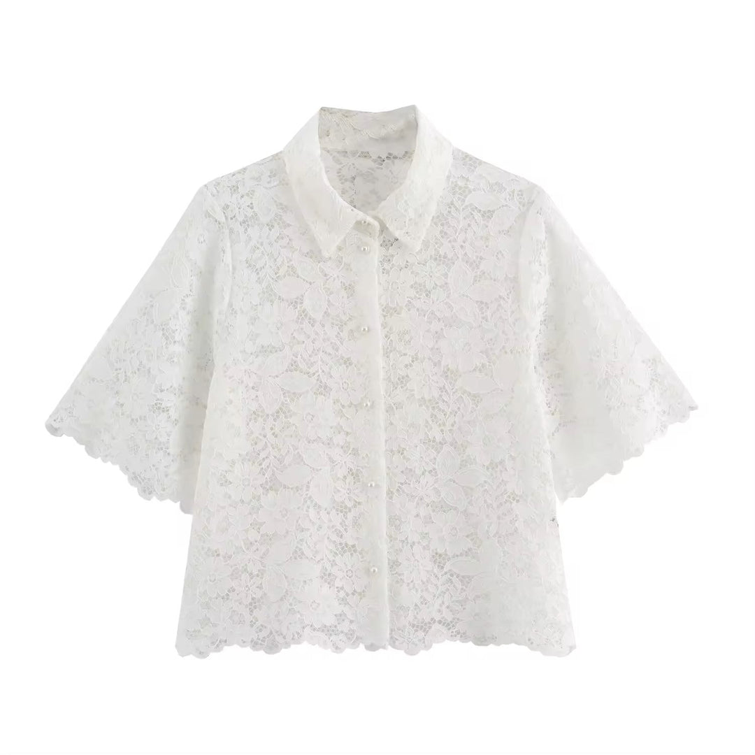 Maliah White Turn Down Collar Short Sleeve Floral Lace Top