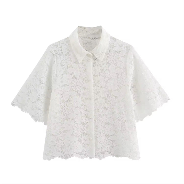 Maliah White Turn Down Collar Short Sleeve Floral Lace Top