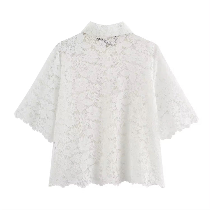 Maliah White Turn Down Collar Short Sleeve Floral Lace Top