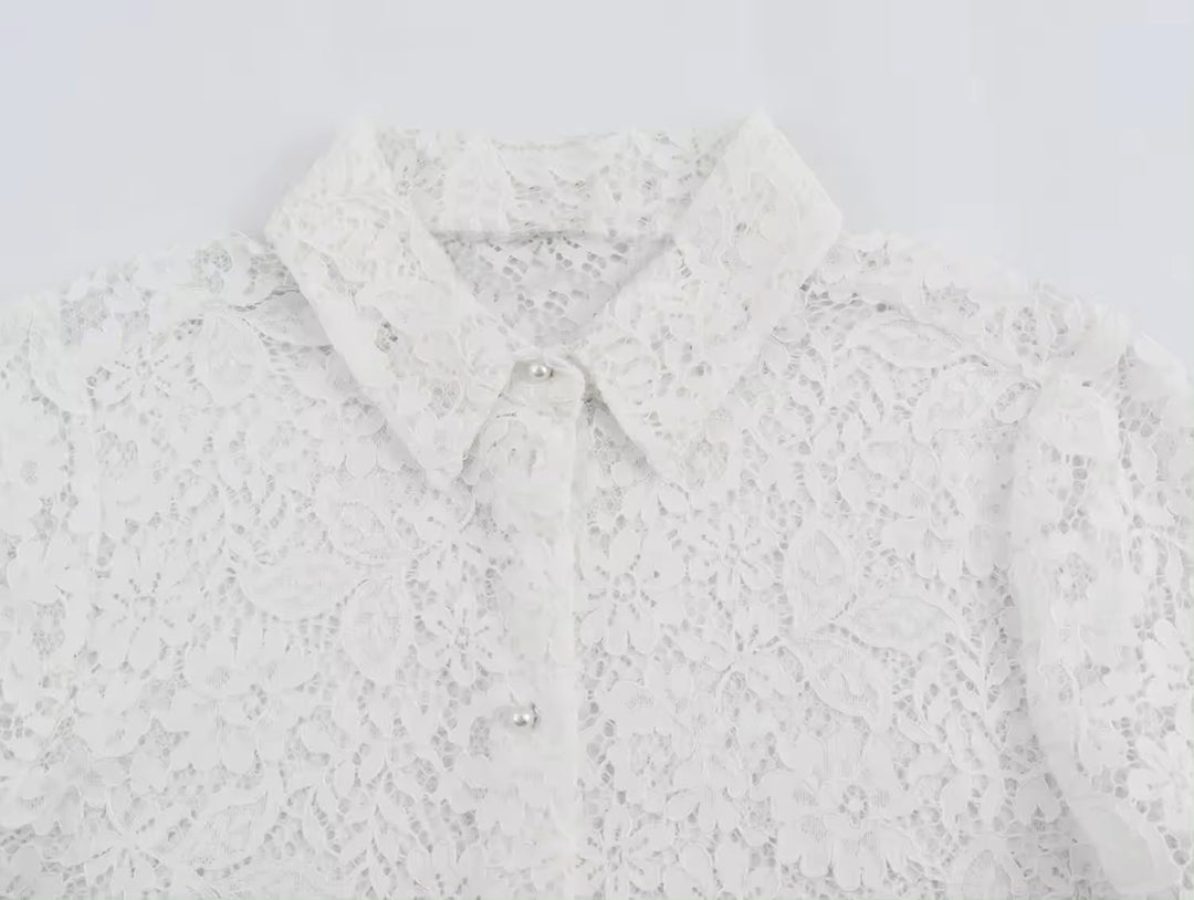 Maliah White Turn Down Collar Short Sleeve Floral Lace Top