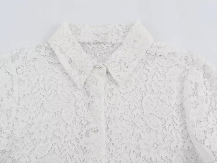 Maliah White Turn Down Collar Short Sleeve Floral Lace Top