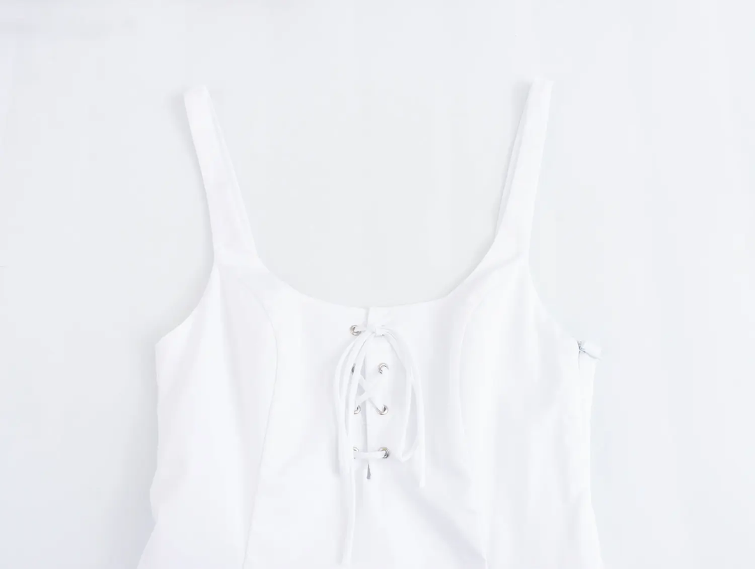 Enna White Shoulder Strap Front Lace Up  Mini Dress