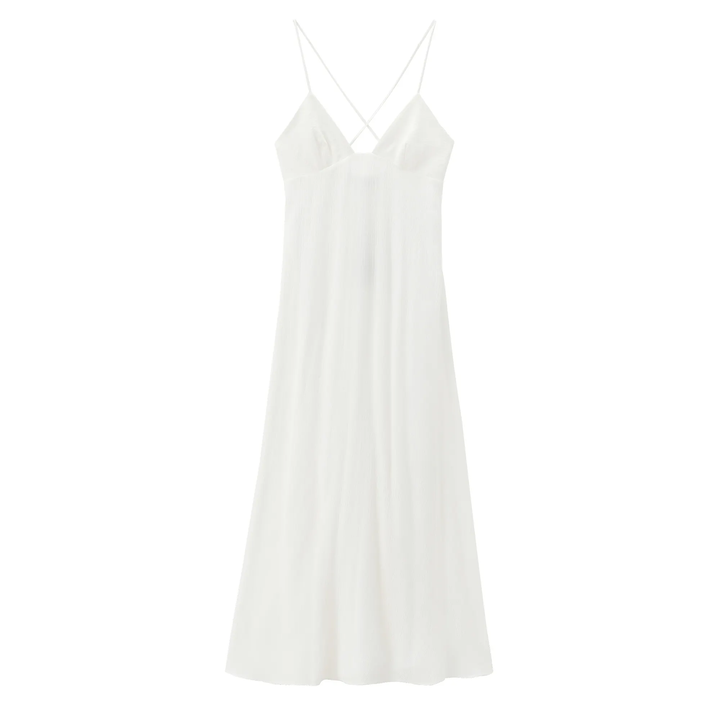 Yuan White V Neckline Sleeveless Criss Cross Back Maxi Dress