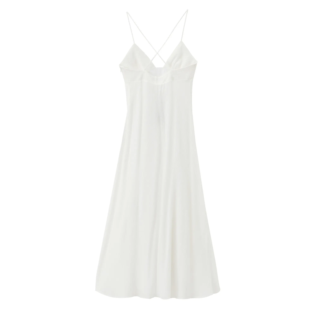 Yuan White V Neckline Sleeveless Criss Cross Back Maxi Dress