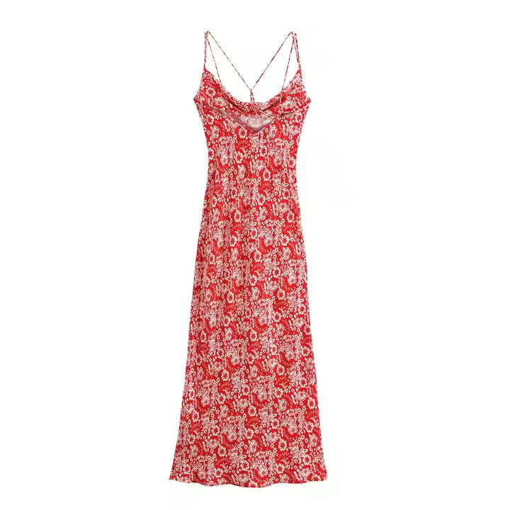 Moriah Red Floral Print Sexy Back Strappy Midi Dress