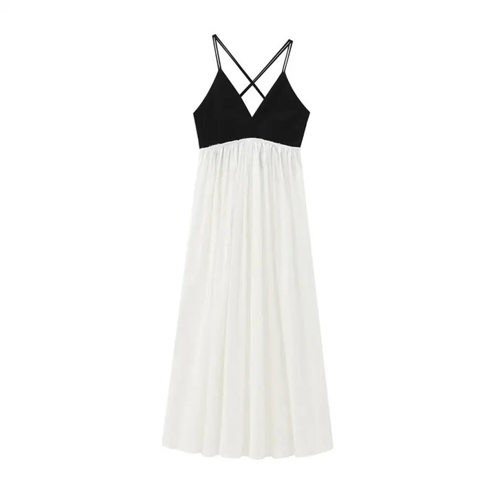 Domino Black and White Contrast V-Neck Back Hollow Out Midi Dress