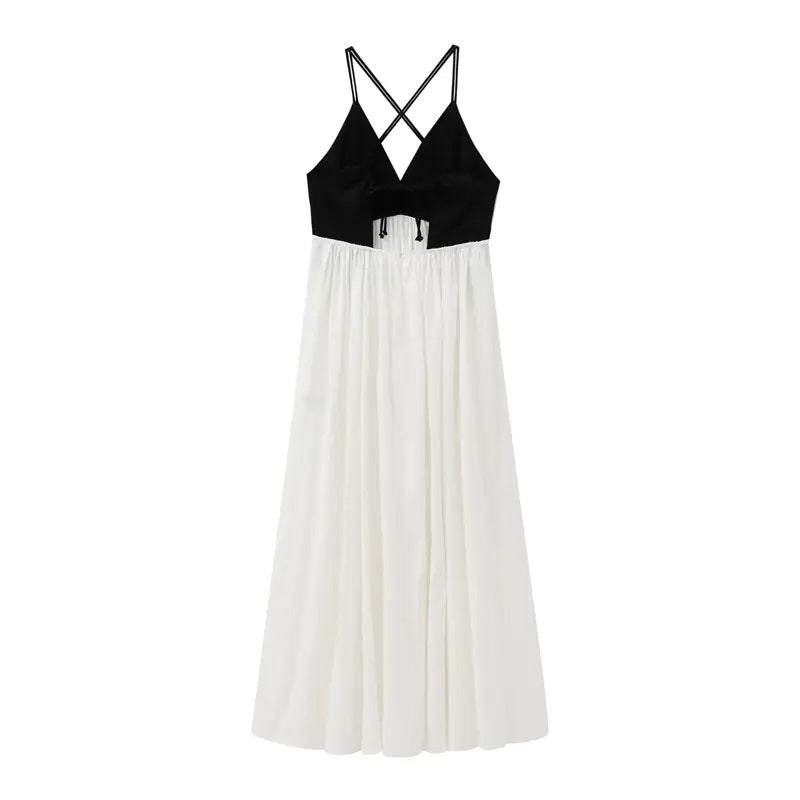 Domino Black and White Contrast V-Neck Back Hollow Out Midi Dress