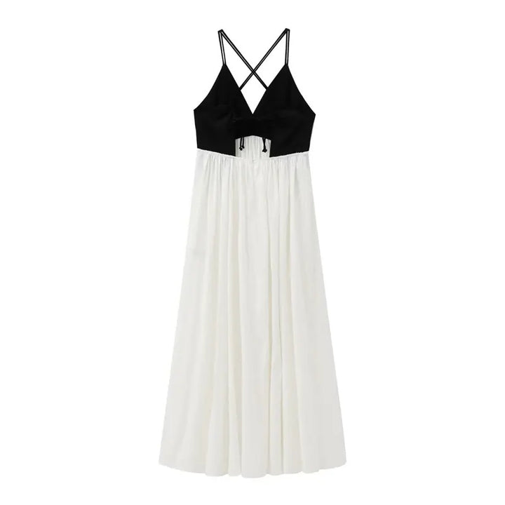 Domino Black and White Contrast V-Neck Back Hollow Out Midi Dress