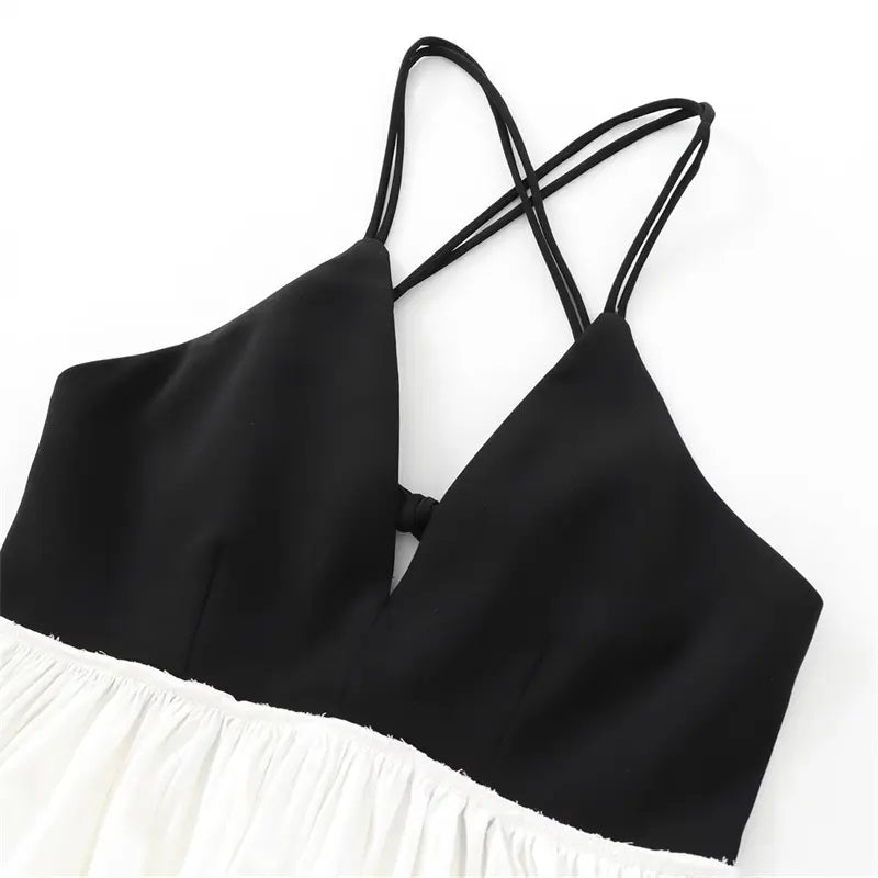 Domino Black and White Contrast V-Neck Back Hollow Out Midi Dress