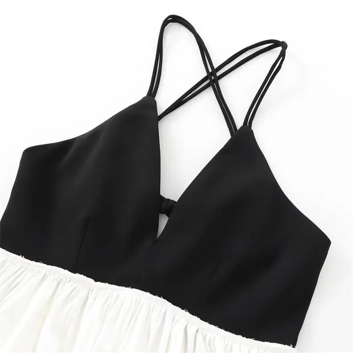 Domino Black and White Contrast V-Neck Back Hollow Out Midi Dress
