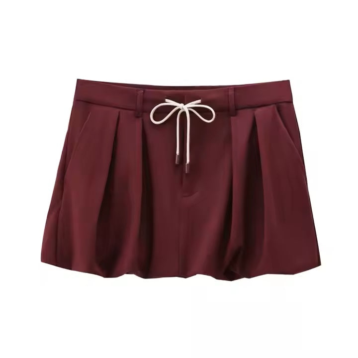 Darcy Burgandy Red Drawstring Waist Side Pockets Mini Skirt