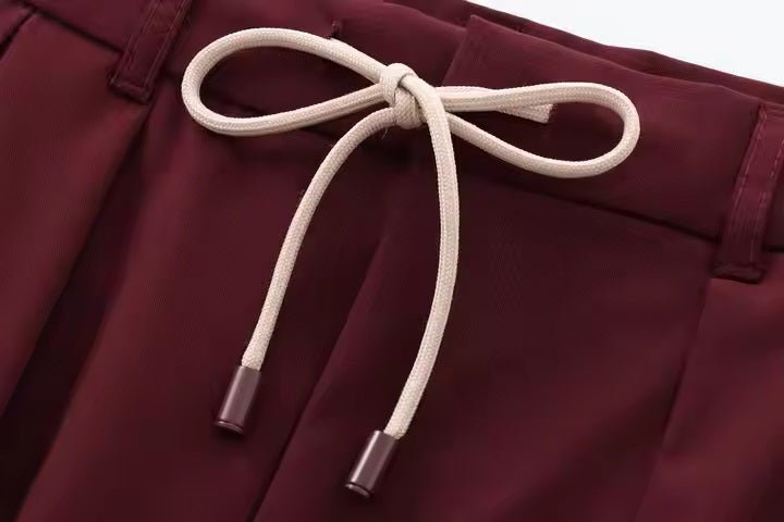 Darcy Burgandy Red Drawstring Waist Side Pockets Mini Skirt