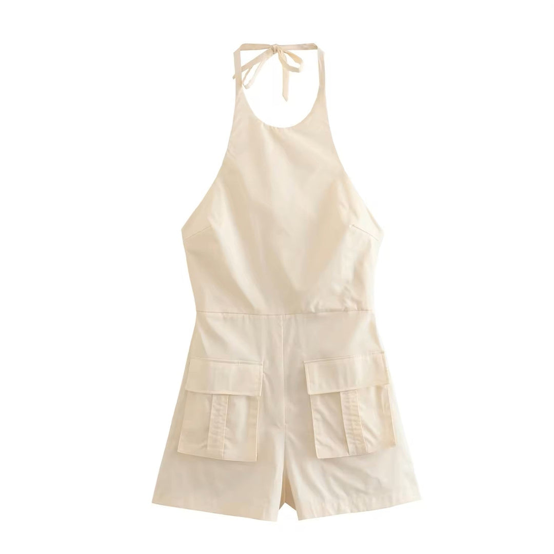 Caspian Beige Back Hollow Out Sleeveless Front Pockets Mini Jumpsuit